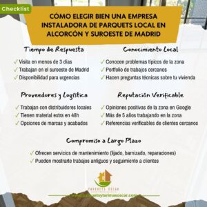 5 motivos para elegir una empresa instaladora de parquets local en Alcorcón y suroeste de Madrid • Parquets y Tarimas Oscar • Checklist